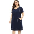 thumbnail image 3 of Women's Nightgown Button Down Sleepshirt Loungewear Short Sleeve V Neck Sleepwear with Pocket Soild Pajamas Dress Plus Size,Blue XL-4XL, 3 of 8