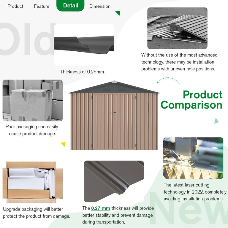 YODOLLA Outdoor Metal Storage Shed, 8'x6', Galvanized Steel