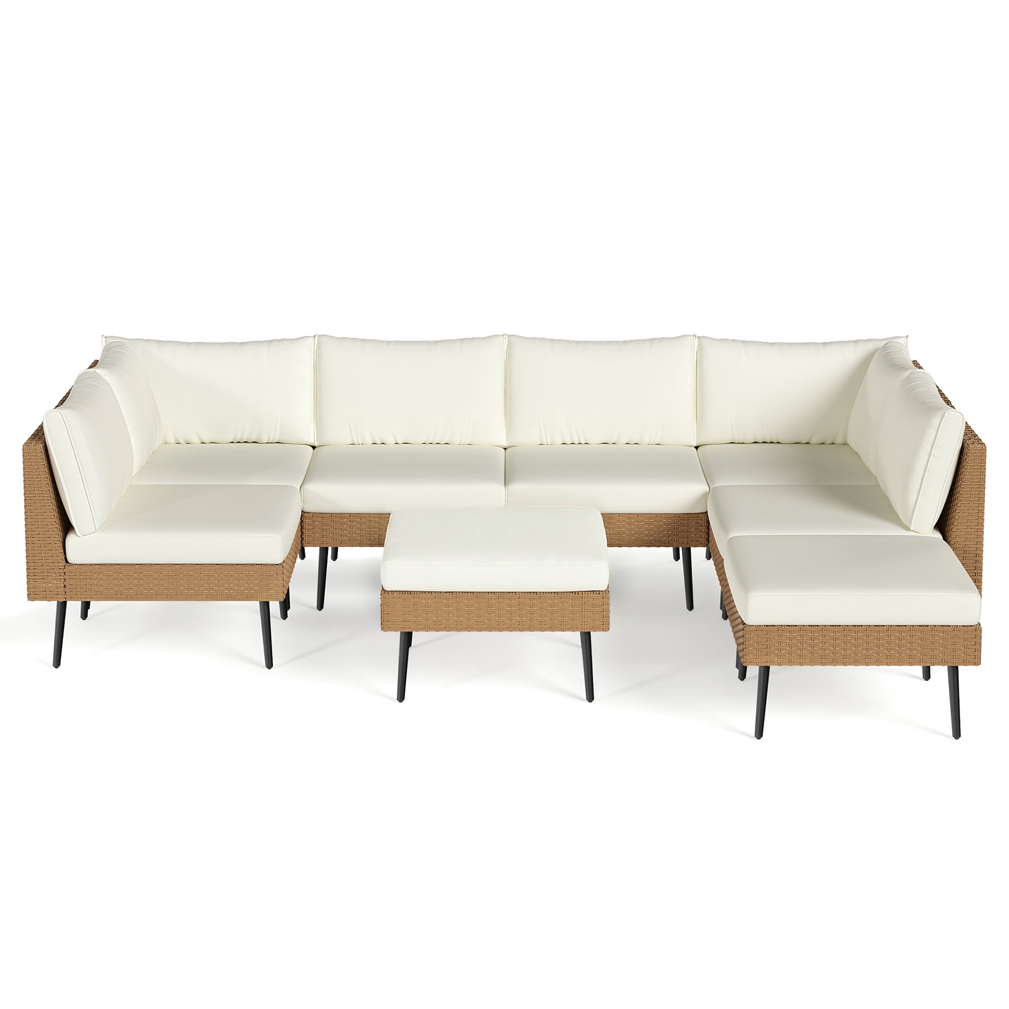 LAZZO 8-Piece Outdoor Wicker Conversation Set, All-Weather Sectional Sofa with 6 Chairs & 2 Ottomans, Beige Cushions