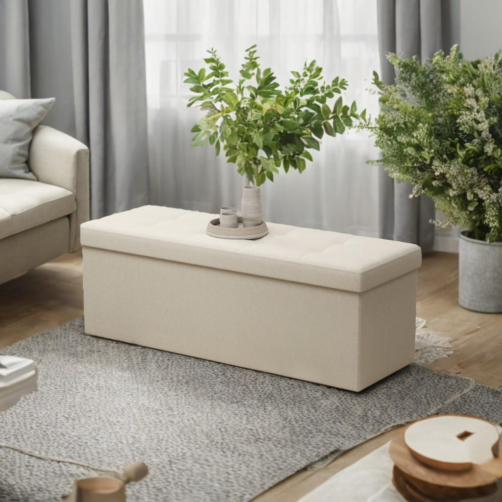 Ledrem 43" Folding Storage Ottoman Bench, Off-White photo 3