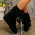 thumbnail image 4 of Hidden Wedges Mid Calf Fringe Boots for Women Boho Winter Fall Studded Suede Round Toe Dress Cowgirl Booties Black Size 6.5, 4 of 7