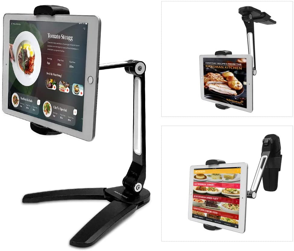 AboveTEK Kitchen Tablet Stand with 360º Rotating Holder Portable 4.7 to 13.5 Inch Universal Ipad Mounts & Phone Holder for Counter & Wall (Black)