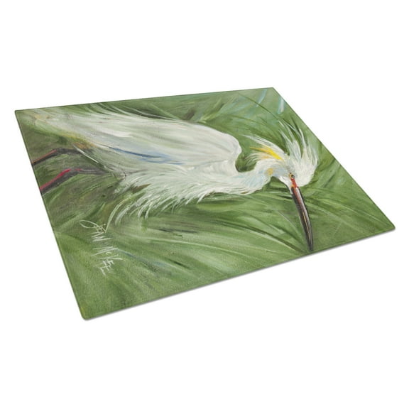 Caroline's Treasures White Egret in Green grasses Glass Cutting Board Large