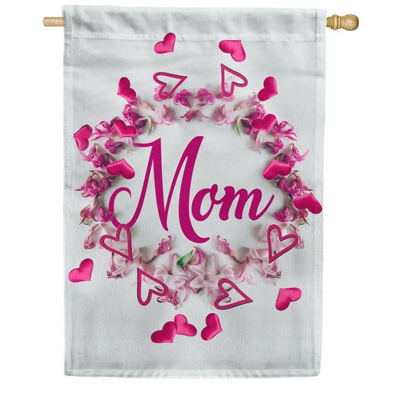 America Forever Happy Mother's Day Floral House Flag 28 x 40 inches Hearts Double Sided Holiday Seasonal Yard Outdoor Decorative Pink Flower Wreath Love You Mom Flag