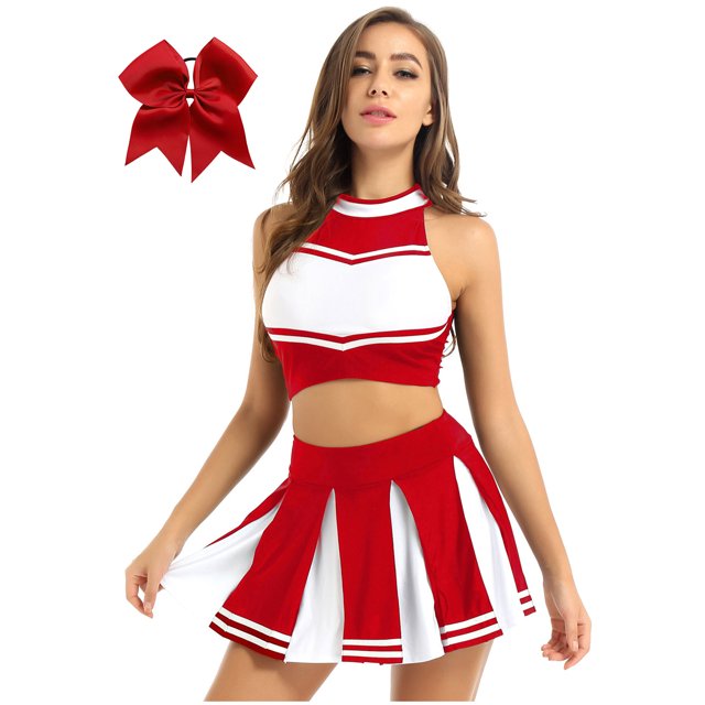 Xnihocha Vêtements de Cheerleader pour Femmes Tenue de Cheeleader Uniforme Musical Crop Top Mini Jupe Plissée avec Nœud Couvre-Chef Rouge TG