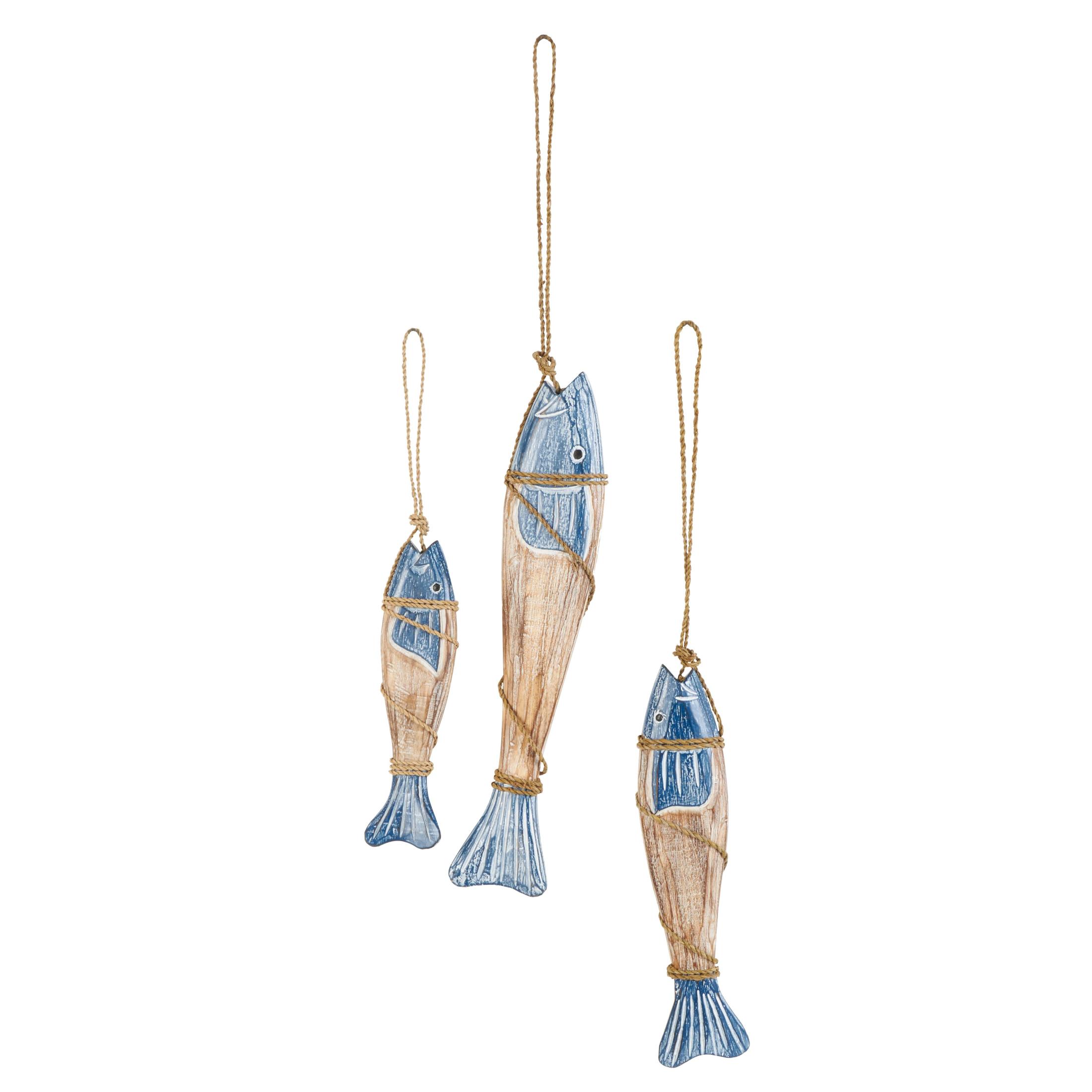 DecMode Blue Wood Handmade Fish Wall Decor with Wrapped Jute Hanging Rope (3 Count)