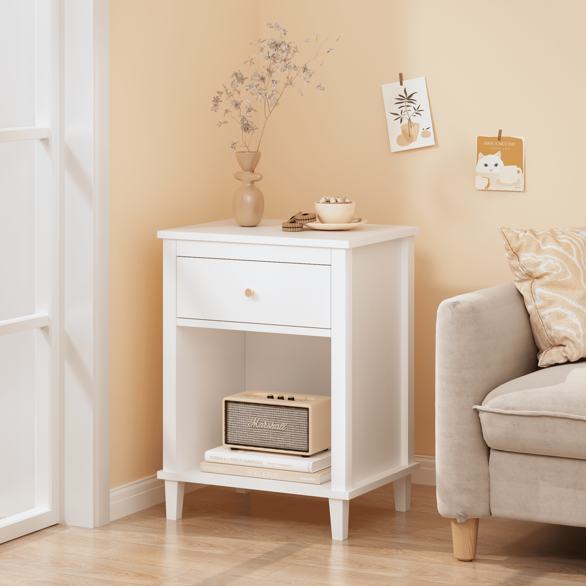 26.77" H White Wooden Nightstand with Drawer & Open Shelf, Golden Handle, Bedside Table for Kids & Adults, Anti-Tip Safety