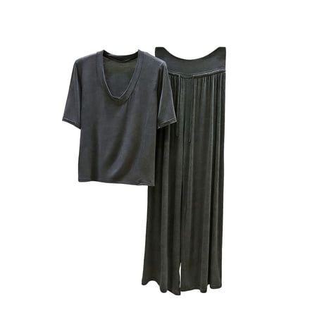 Tsesme Summer Loungewear Set for Women 's V-Neck Short Sleeve Ruffle Long Pants Nightwear Lightweigh Comfy 2 Piece Pajama Set Dark Gray 3XL
