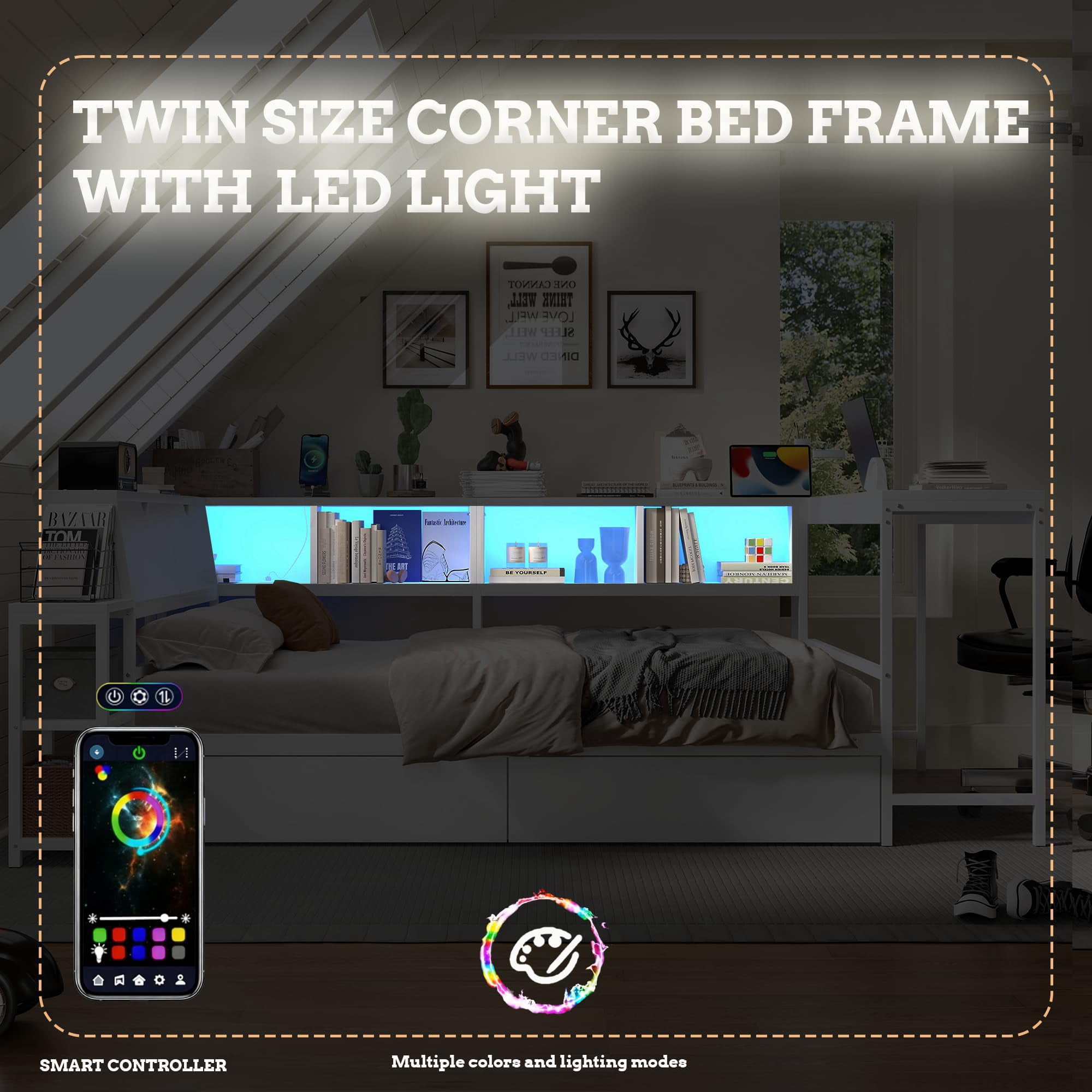 Miniyam Twin Size Daybed with LED Lights, Desk, Charging Station, Storage Drawers, Shelves and Flip-Up Headboard for Teens, White