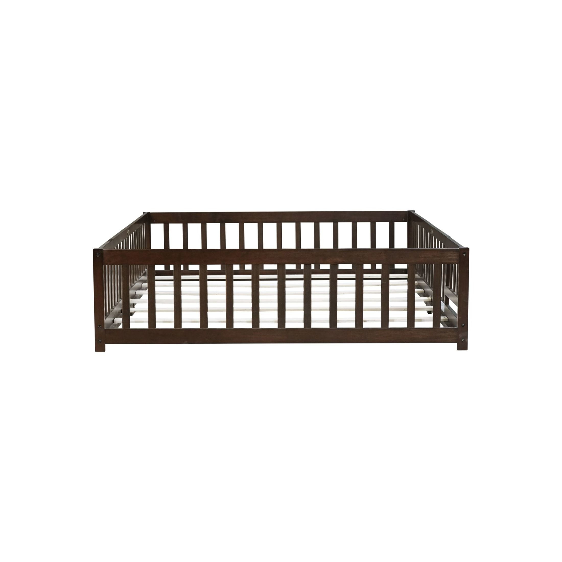 Noble House Queen Size Floor Bed, Solid Rubber Wood Frame with Fence, Door, Guardrails & Slat Support, Espresso