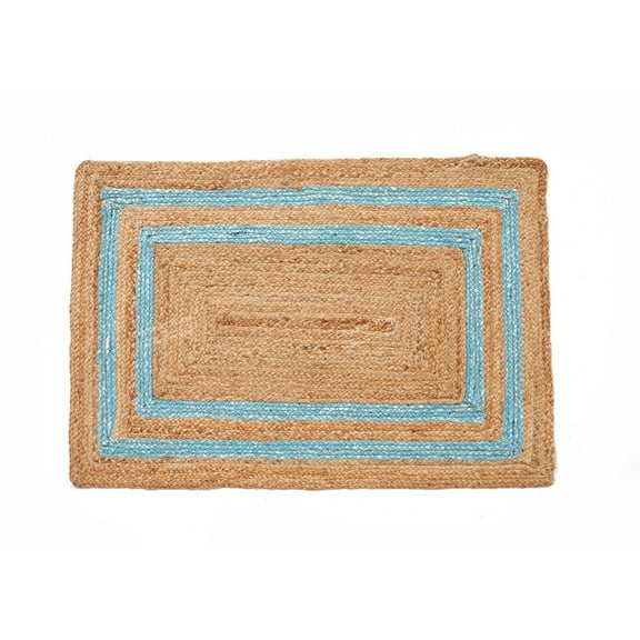 Rectangle Rug Natural Jute Rug Hand Braided Beige and Turquoise Border Color Area Rug