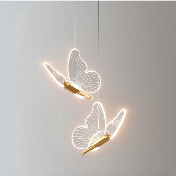 Lámpara colgante con forma de mariposa dorada, 35 cm, LED, acrílico, para dormitorio
