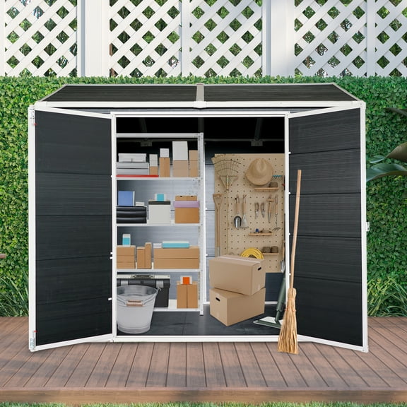 Outdoor Storage Shed, 6x8 FT Resin Sheds and Outdoor Storage With Floor, Padlockable Double Doors, Air Vents, Outside Storage Building For Backyard Lawn Patio