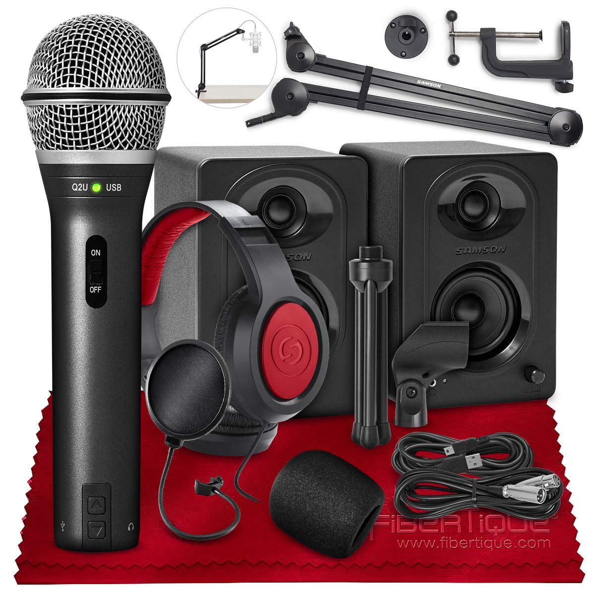 Samson Q2U Dynamic USB Microphone Podcasting Pack and Accessory Bundle with  Boom Arm + Headphones + Pop Filter + Fibertique Cloth