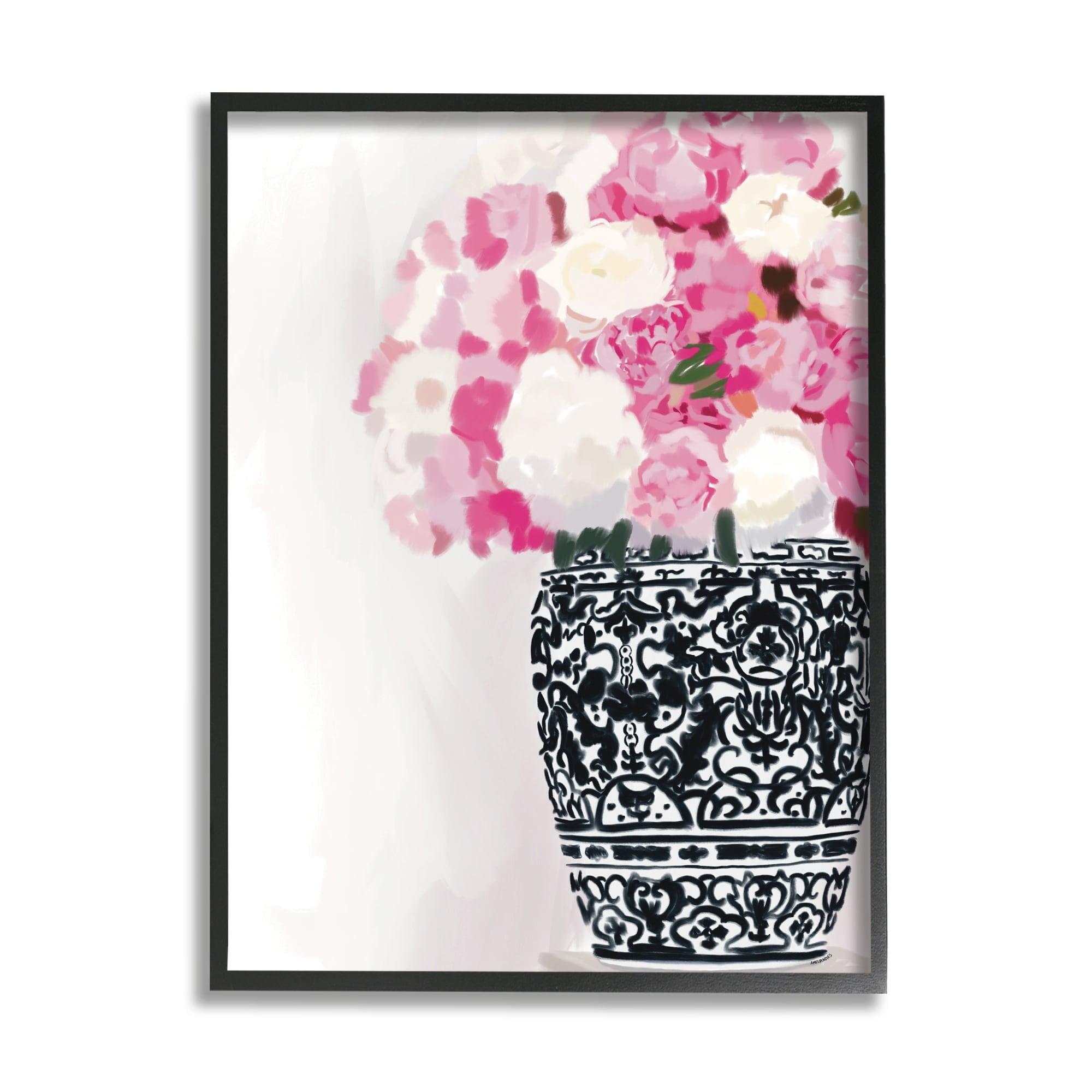 Stupell Industries Soft Pink Carnation Blooms Ornate Pattern Pottery Vase Graphic Art White Framed Art Print Wall Art, Design by Amelia Noyes