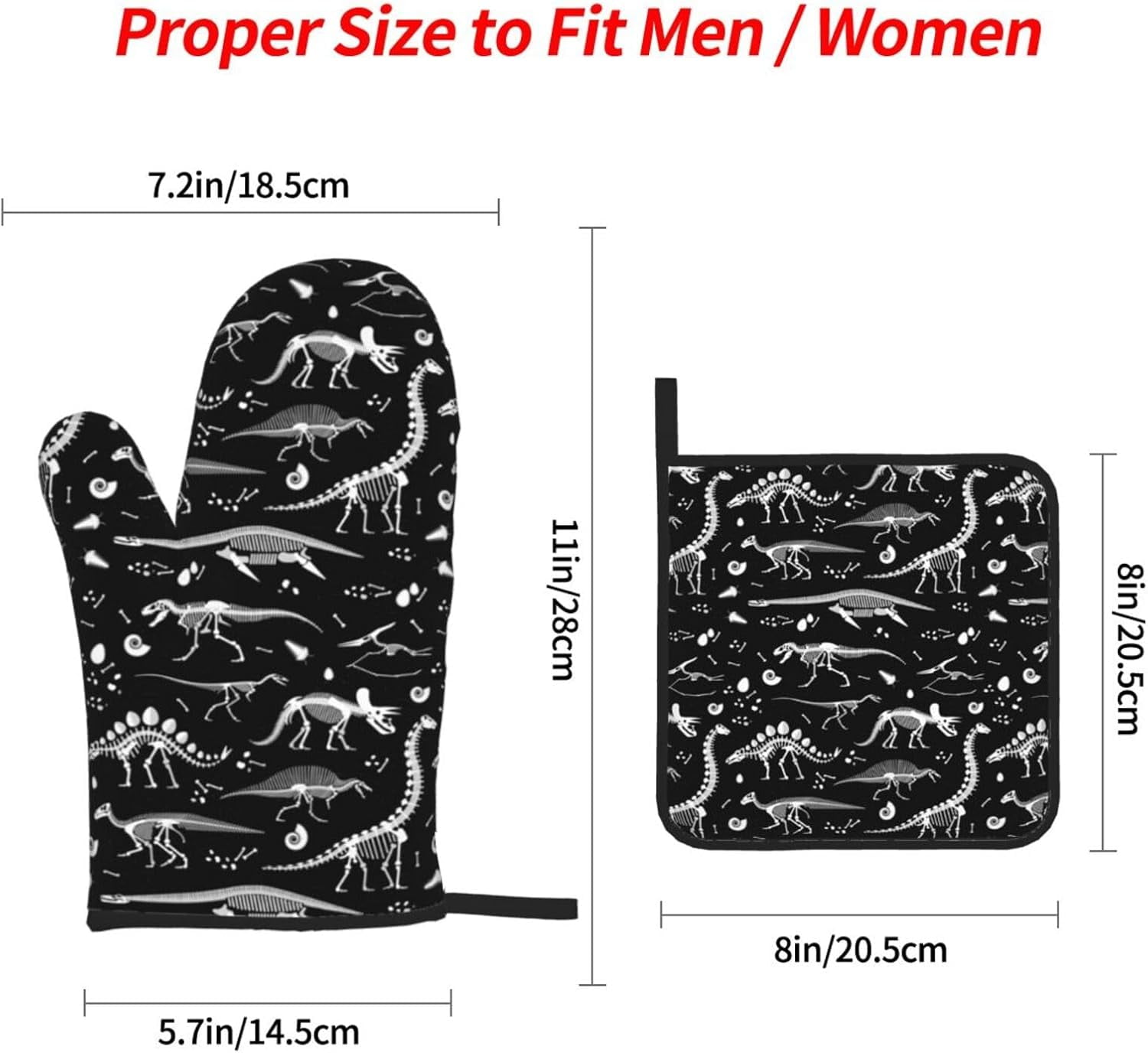 Oven Mitts and Pot Holders Sets of 4, Dinosaur Skeleton Kitchen Gloves for Cooking Baking Black and White Hot Pads BBQ Potholders