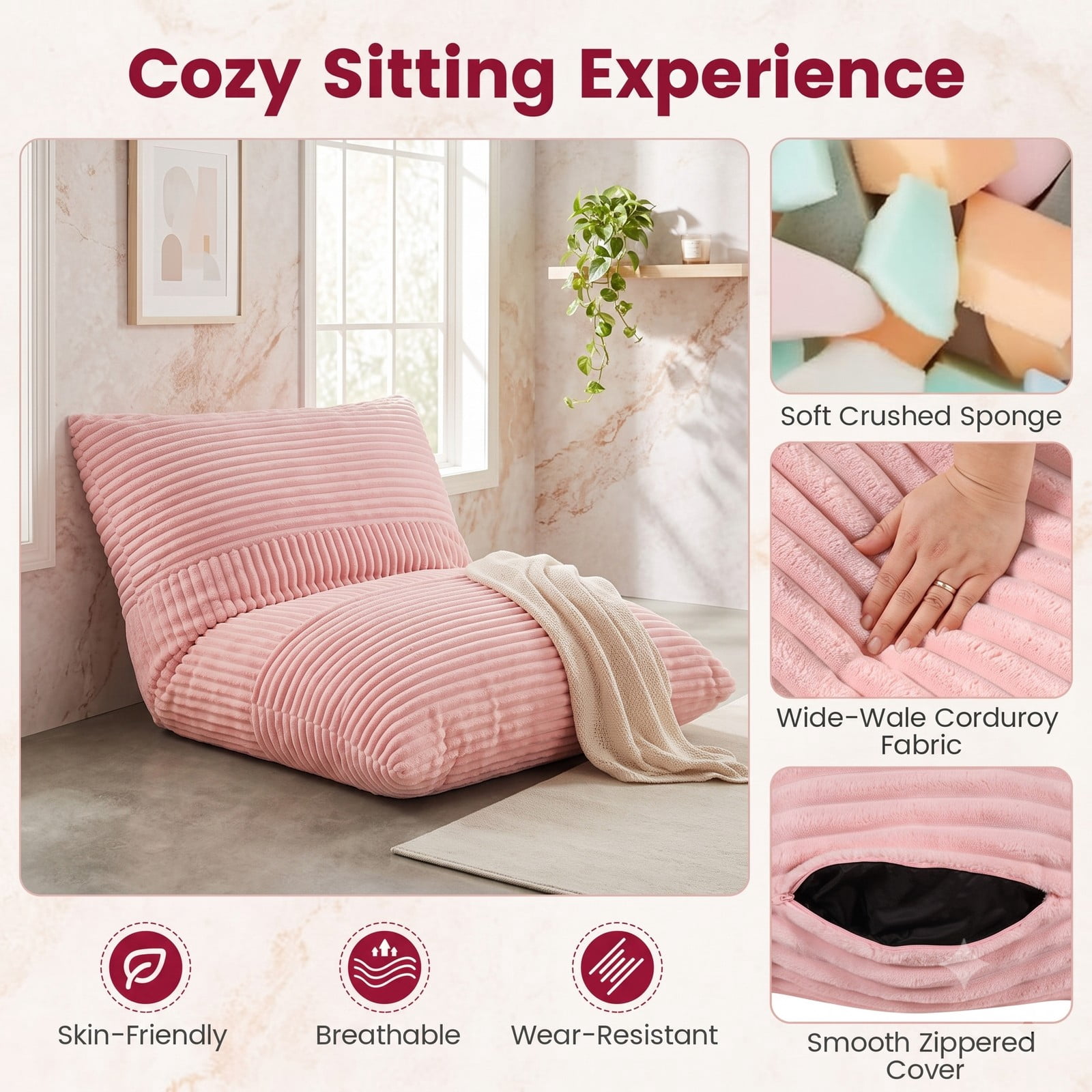 Furnibear 3-in-1 Large Bean Bag Chair, Convertible Corduroy Bean Bag Bed Sofa Lounger with Soft Sponge Filling and Removable Zippered Cover for Living Room, Pink