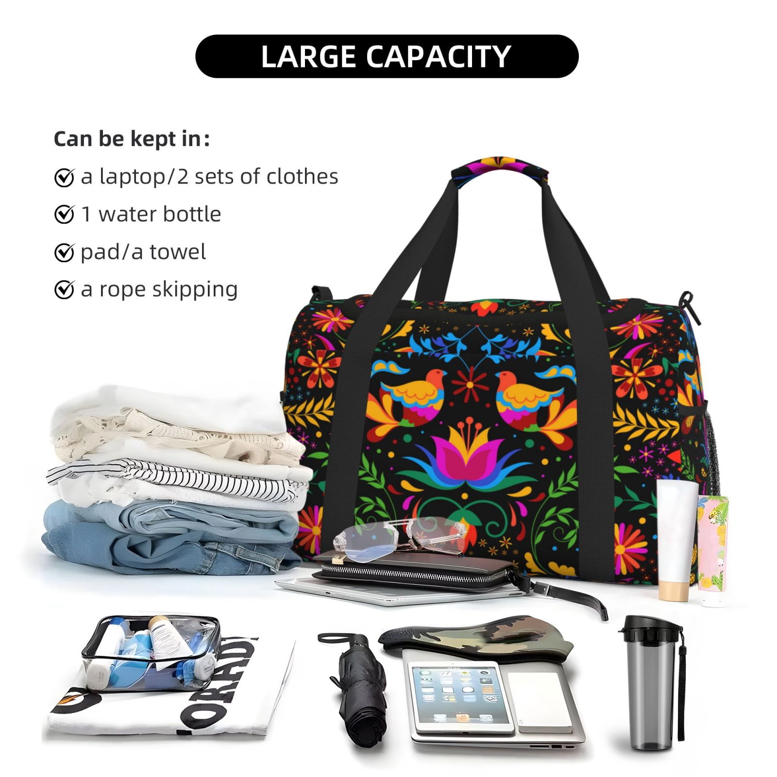 Defioc Mexican Flower Traditional1 Print Hand Travel Bag - Foldable Travel Duffel Bags for Men Women -Sport Gym Bag - Overnight Travel Duffel Bag - Adjustable Shoulder Strap