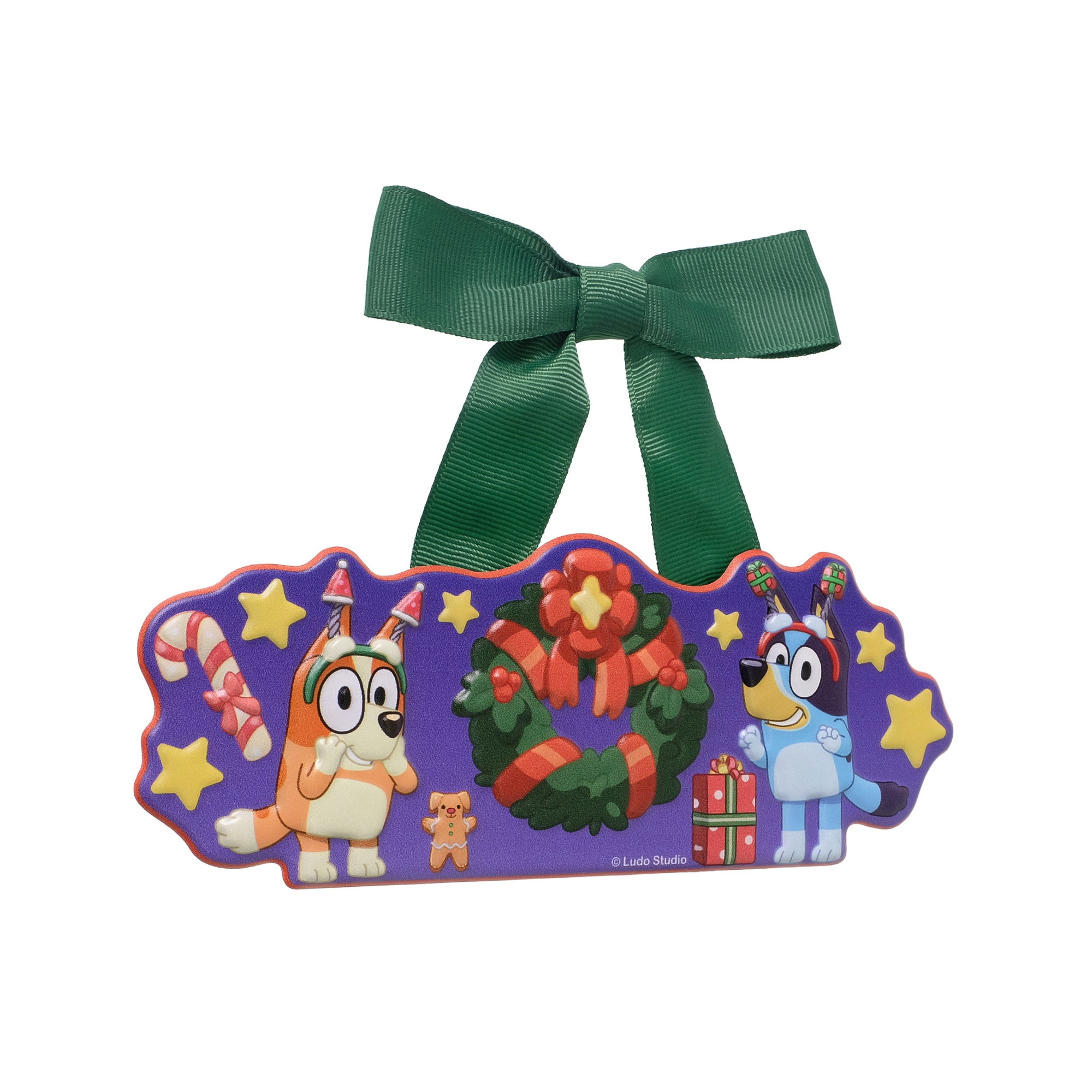 Bluey 6 inch Metal Ribbon Sign with Festive Wreath and Candy Cane Design