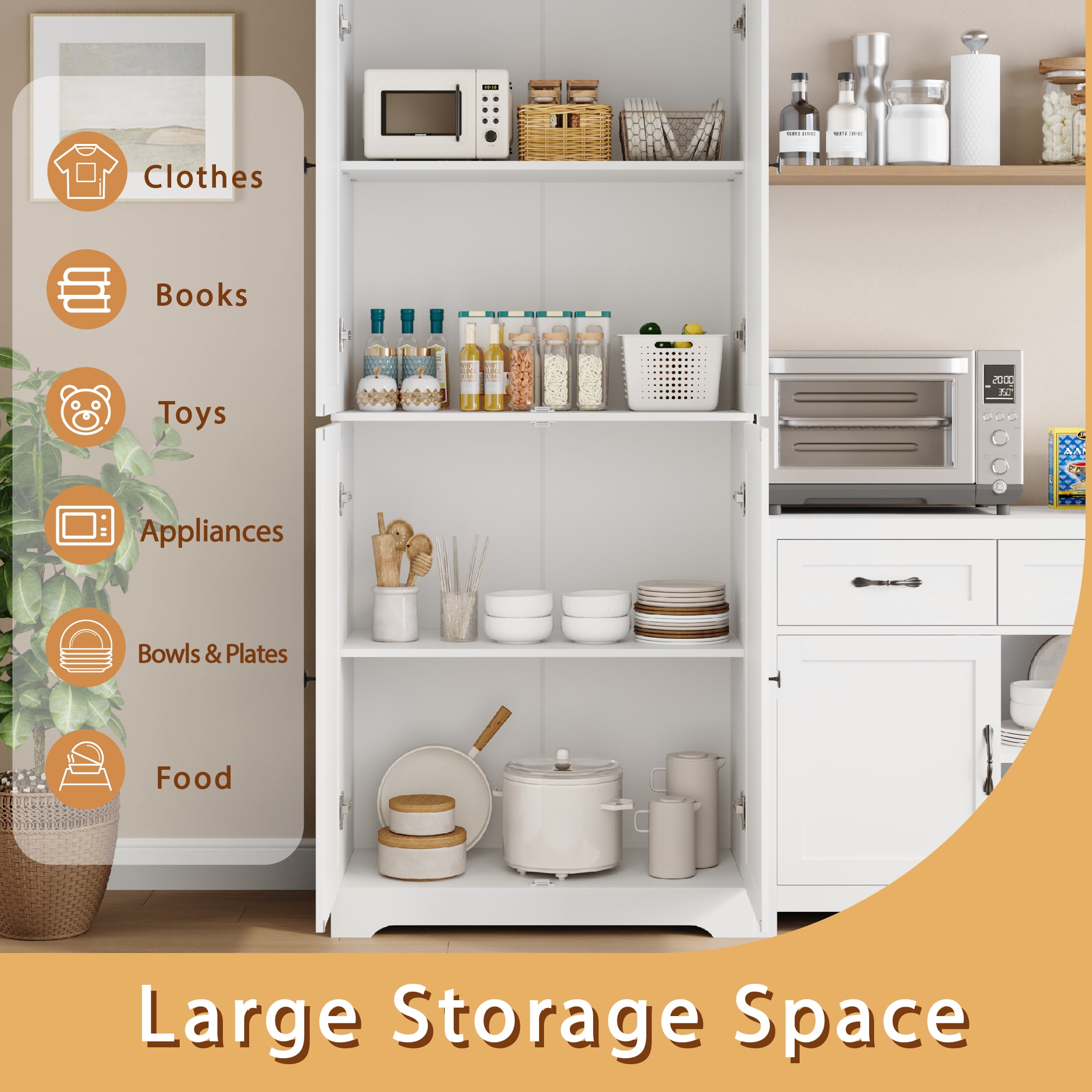 YouTrend 72'' Farmhouse Kitchen Pantry Cabinet with 4 Barn Doors,Storage Cabinet W/ 4 Shelves for Living Room,Kitchen,Bathroom,Office,White