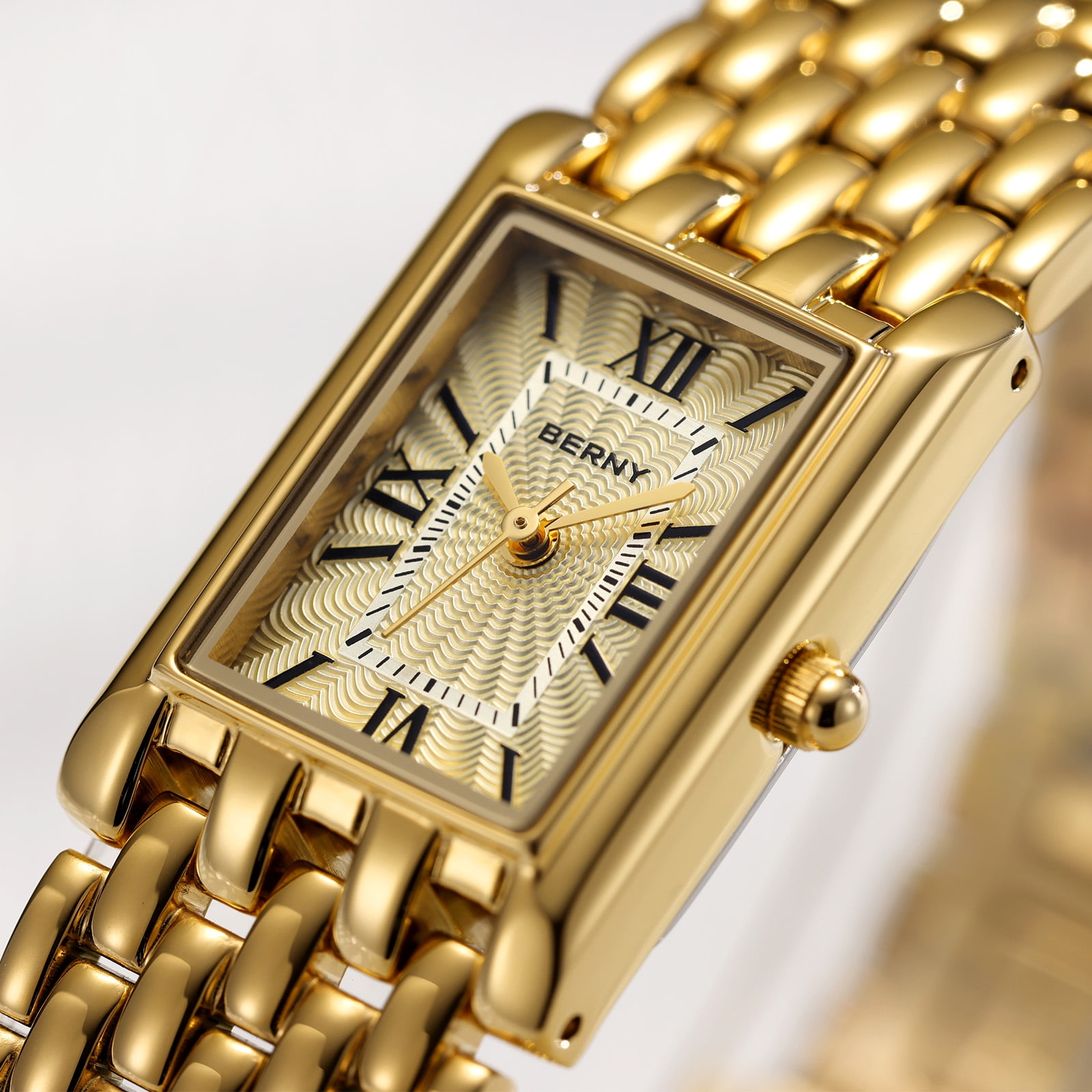 BERNY Small Gold Watches for Women, Luxury Vintage Rectangular Case Roman Dial, Dainty Stainless Steel Bracelet Watch, Adjustment Tool Included, Waterproof, Womens Gold Watch Gifts (Gold)