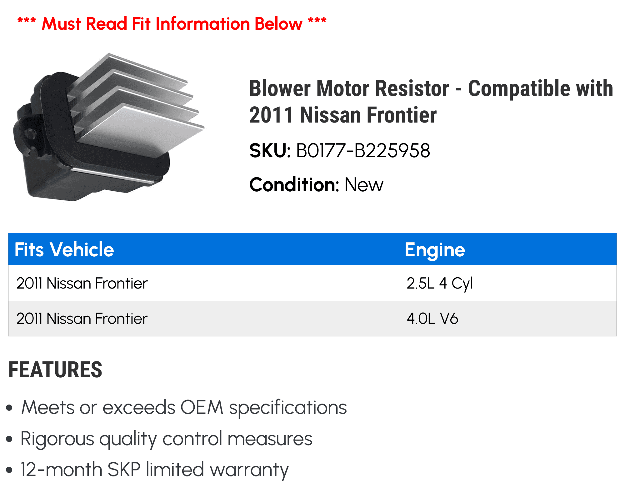 Blower Motor Resistor - Compatible with 2011 Nissan Frontier
