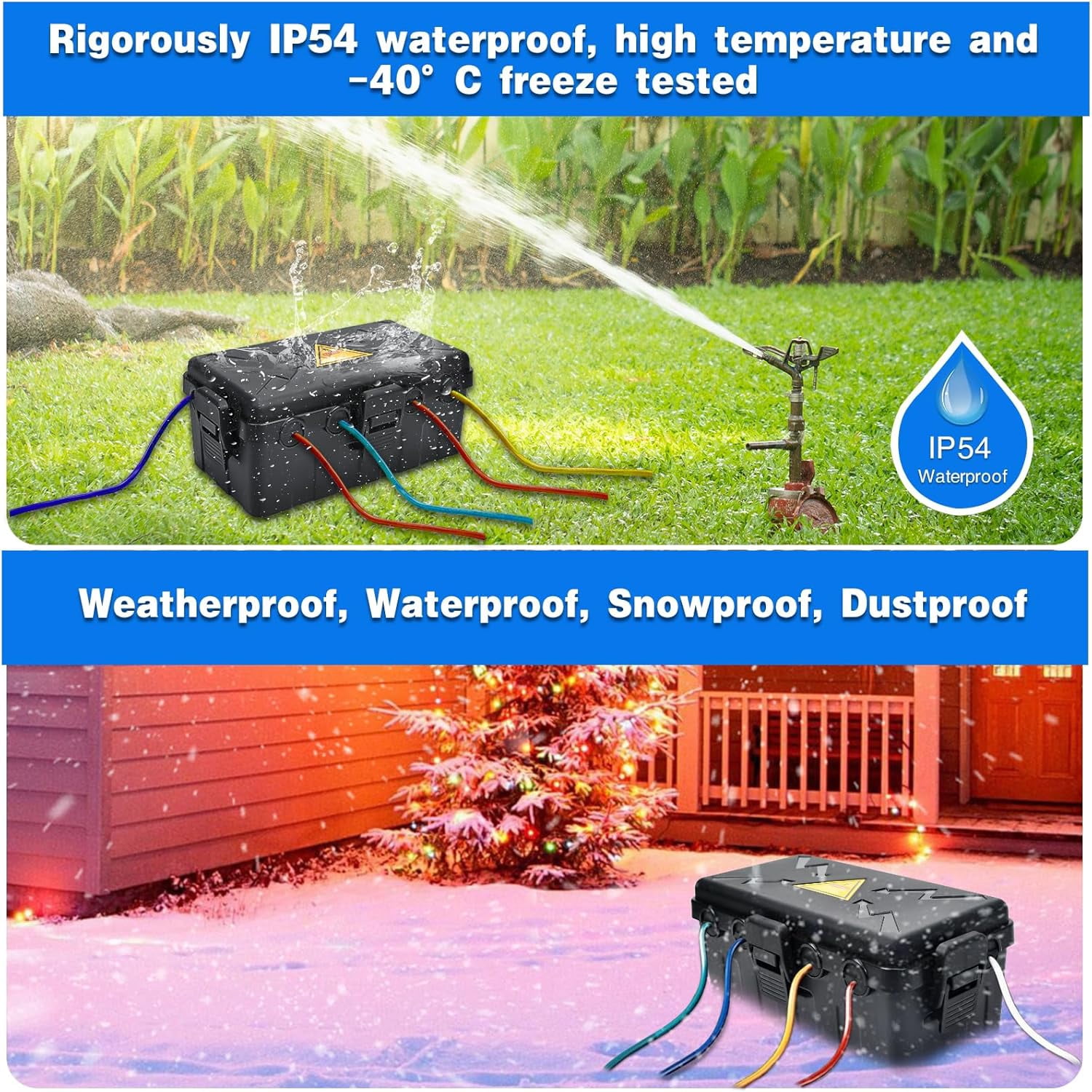 LXYWXS-Medium Outdoor Electrical Box(10.6x5.5x4.5inch),Weatherproof Connection Box w/6 Cable Entry,IP54 Waterproof Extension Cord Cover Protect Power Strip,Timer,Plug,Holiday Lights,Black