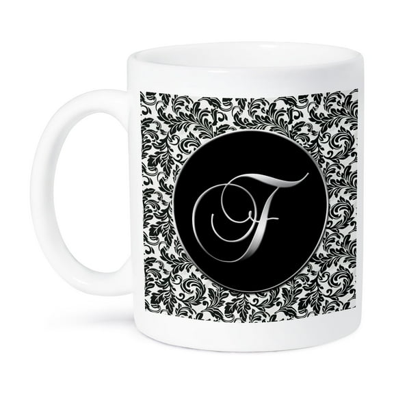 3dRose, Letter F - Black and White Damask, 15oz Mug