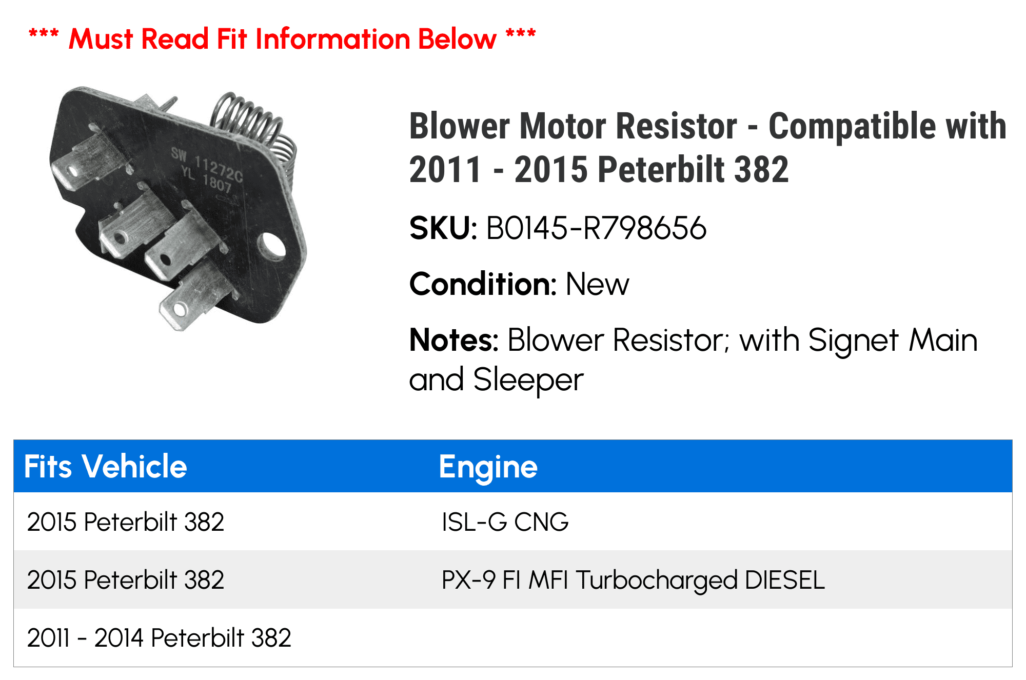 Blower Motor Resistor - Compatible with 2011 - 2015 Peterbilt 382 2012 2013 2014