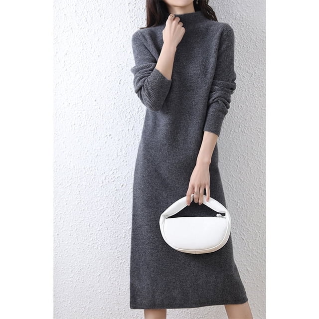 Falda larga de estilo elegante para viajeros, otoño e invierno, de color sólido, tejido con hilo, cuello alto medio, vestido de punto suave intelectual