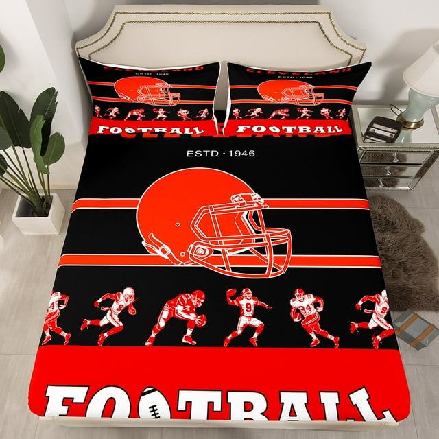 YST Drap-Housse Grand de Football pour Enfants Filles, Draps de Lit de Football Américain, Ensemble de Lit de Sport Noir Rouge, Ensemble de Literie d'Équipe de Rugby de Ville avec 2 Taies d'Oreiller Déco de Chambre (Cleveland) (Sans Drap Plat)