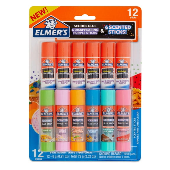 Elmer's Scented Glue Sticks Variety Pack, Includes Disappearing Purple, 12 Count