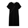 thumbnail image 3 of Vivianyo HD Women's V-Neck Diagonal Button Mini Tunic Dress, Womens Short Sleeve Solid Loose Casual Summer Dresses with Side Pocket for Vacation, Women's Black, Sizes S-2XL, 3 of 6