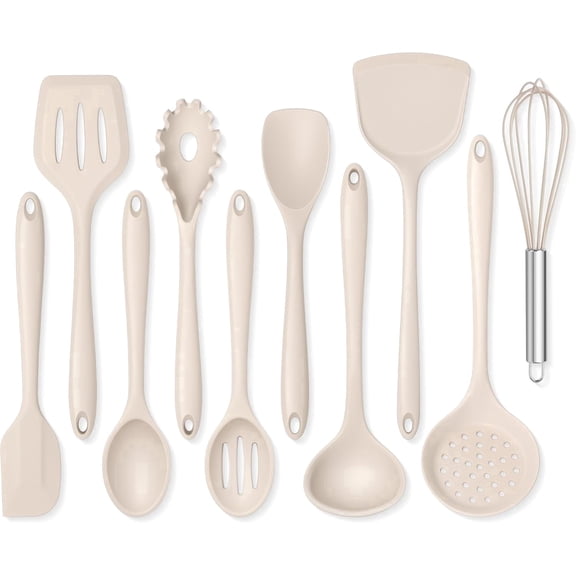 Silicone Cooking Utensils Set of 10, Kitchen Utensils for Nonstick Cookware, Heat Resistant & Nontoxic Spatula Set - Khaki.