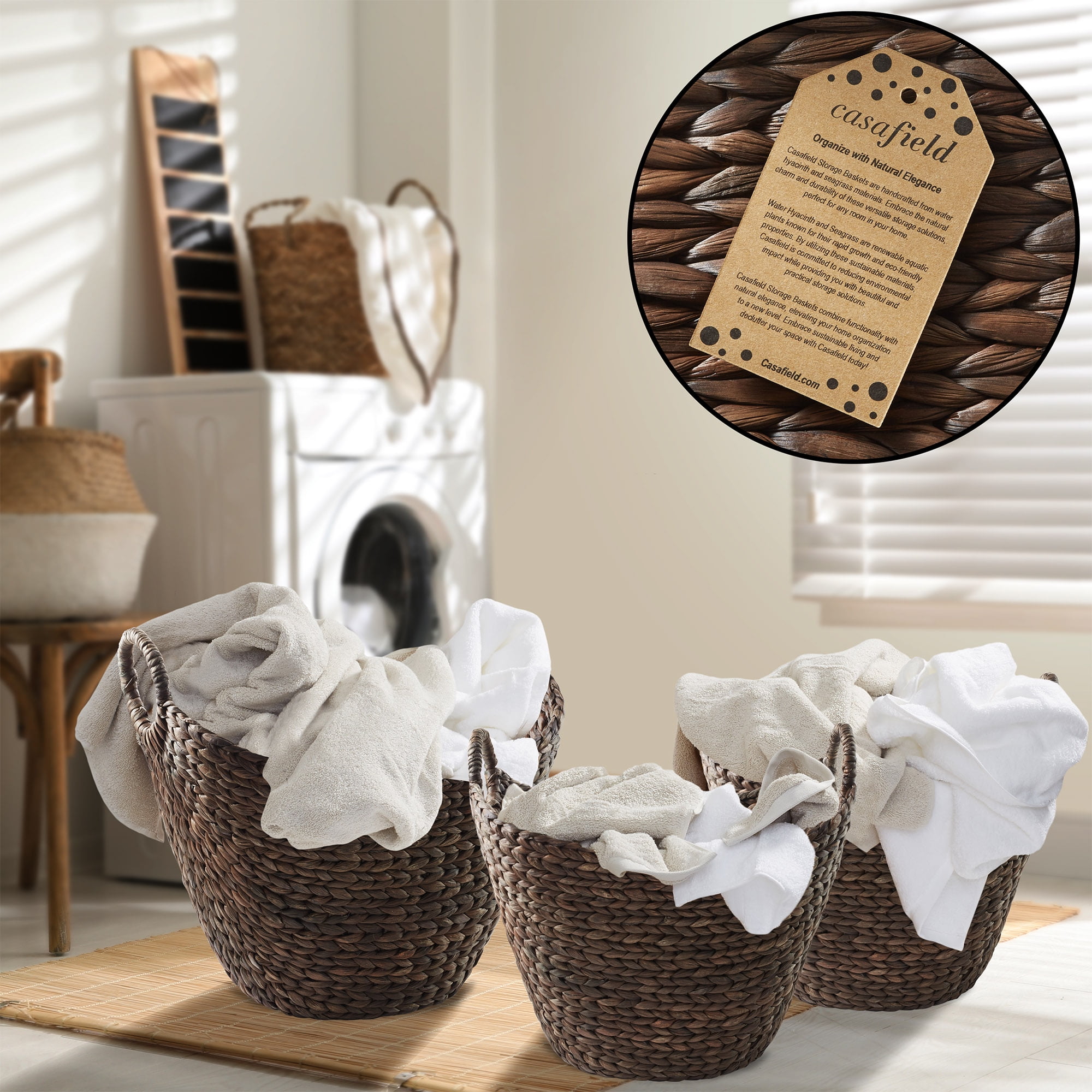 Casafield Set of 3 Boat Baskets with Handles - Espresso, Woven Water Hyacinth Storage Organizers for Blankets, Laundry, Bathroom, Bedroom, Living Room