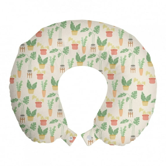 Botanical Travel Pillow Neck Rest, Exotic House Plants in Pots Modern Design Colorful Pastel Repetition, Memory Foam Traveling Accessory Airplane and Car, 12", Coral Peach Fern Green, by Ambesonne