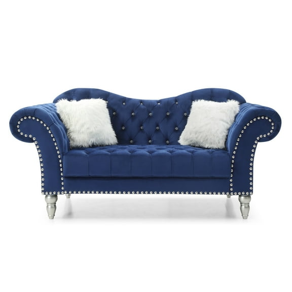 Contemporary Home Living Tufted Velvet 3-Seater Sofa with Throw Pillows - 75" - Blue