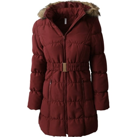 - Womens Belted Quilted Puffer Coat Detachable Fur Hoodie Lightweight Faux Fur Winter Jacket