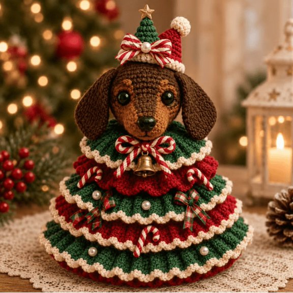 Crochet Animal Christmas Tree DIY Kit , Handmade Crochet Yarn Tiered Christmas Tree Tabletop Decor – Vintage Plaid Accent Seasonal Keepsake Ornament