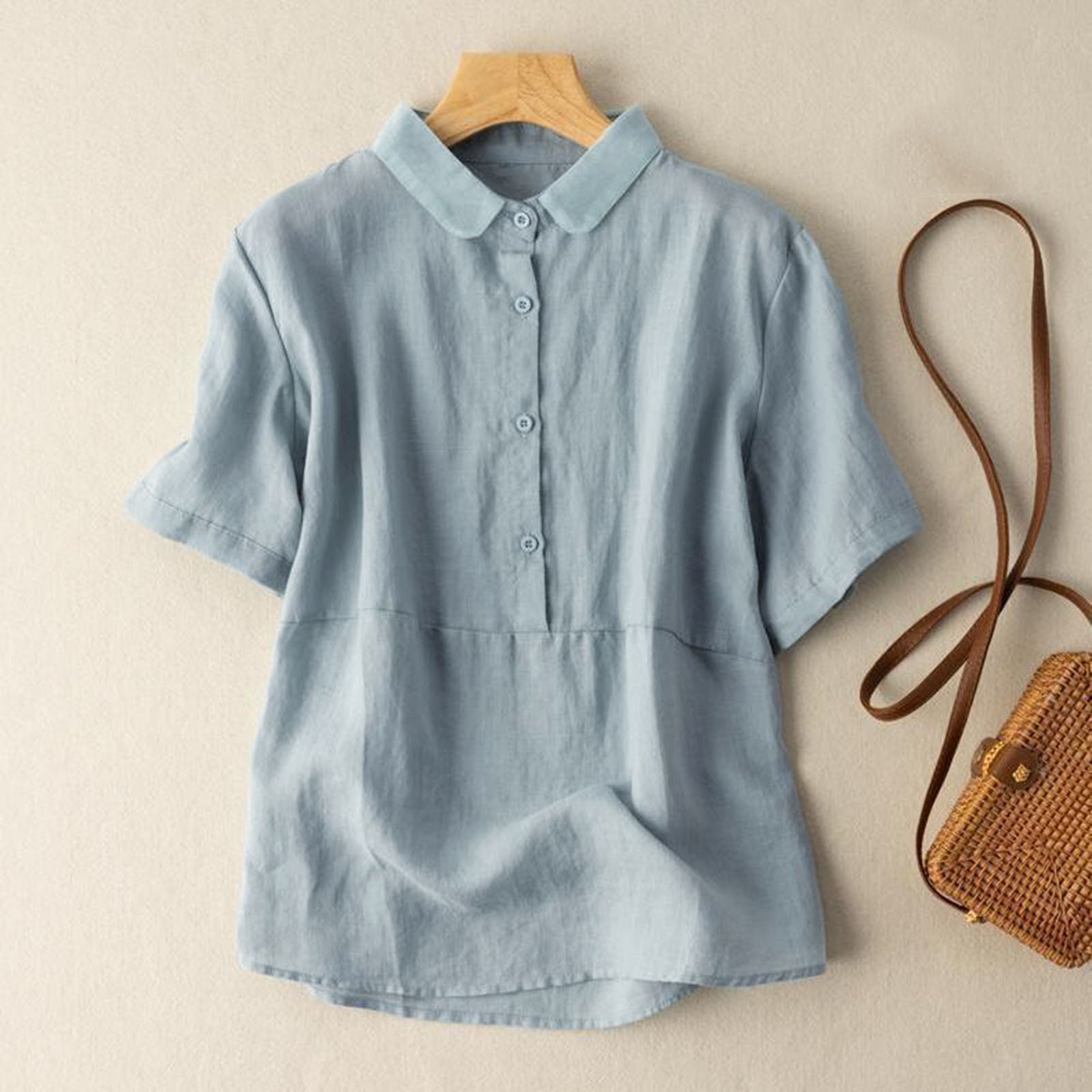 Women Shirts for Women Button Down Casual Business Tops Short Sleeves Round Neck Slim Fit Blouses for Work Easy Care