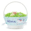 Personalized Unicorn Easter Basket with Custom Name Printed on Blue and Pink Stars Themed Liner, Purple Letters