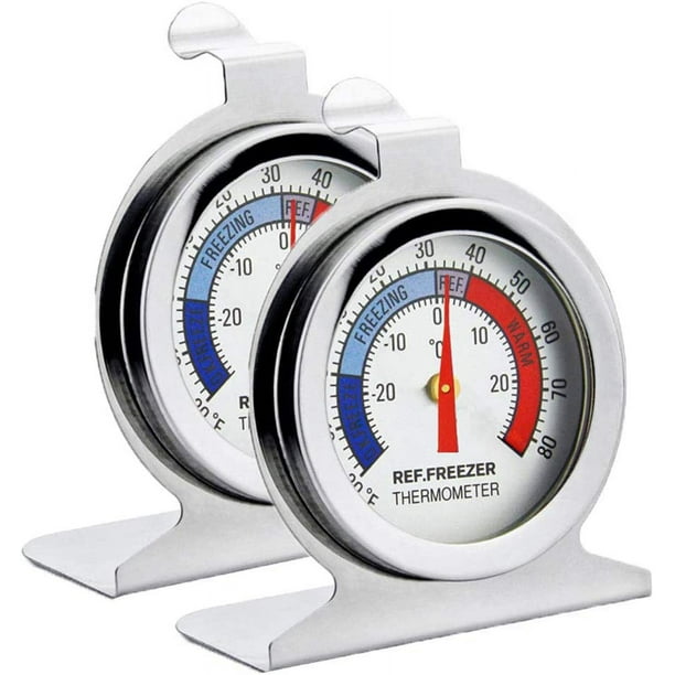 Termómetro para frigorífico, paquete de 2 termómetros para frigorífico/congelador con esfera de acero inoxidable con gancho para colgar y soporte retráctil