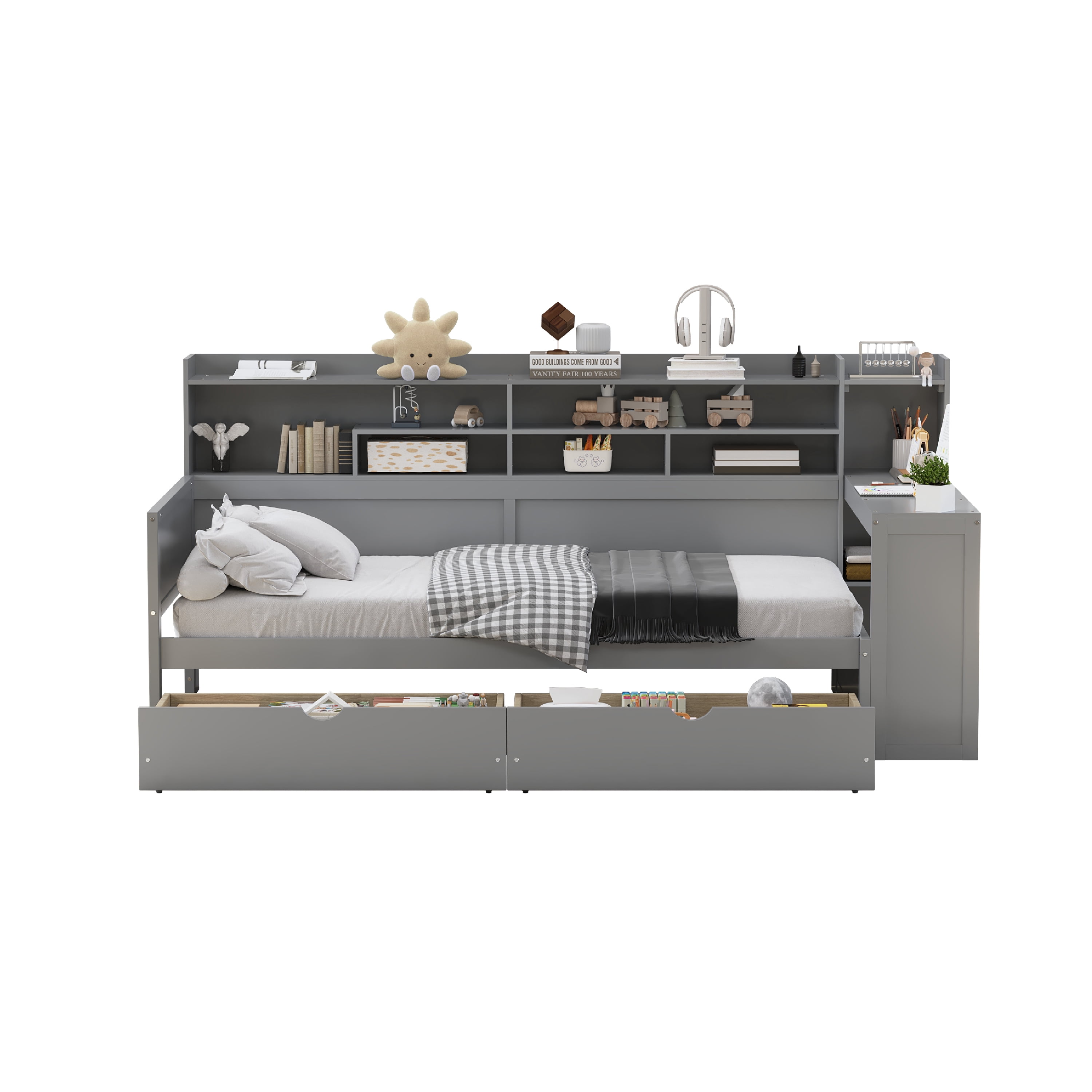 Euroco Wood Twin Size Daybed with Storage Shelves Drawers and Desk, Gray