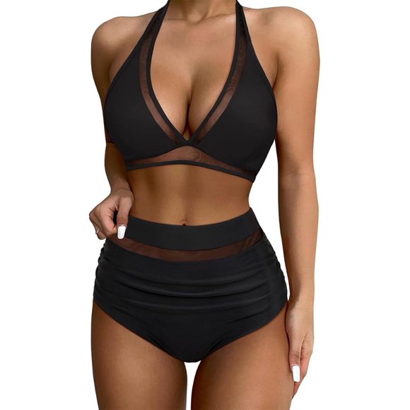 Women's Bikini Sets for Women Mesh V Neck High Waisted Bikinis Sexy Leopard Bathing Suit Two Piece Swimsuit Monokini