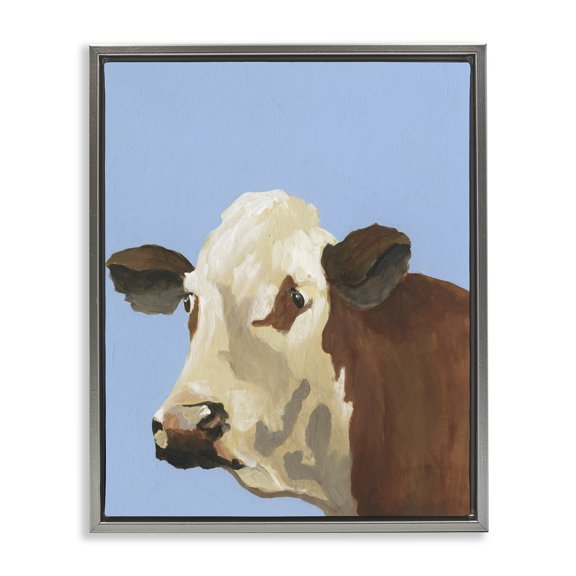 Stupell Industries French Country Blue Farm Cow Portrait Gray Floating Frame Canvas Art, 25 x 31, by Regina Moore