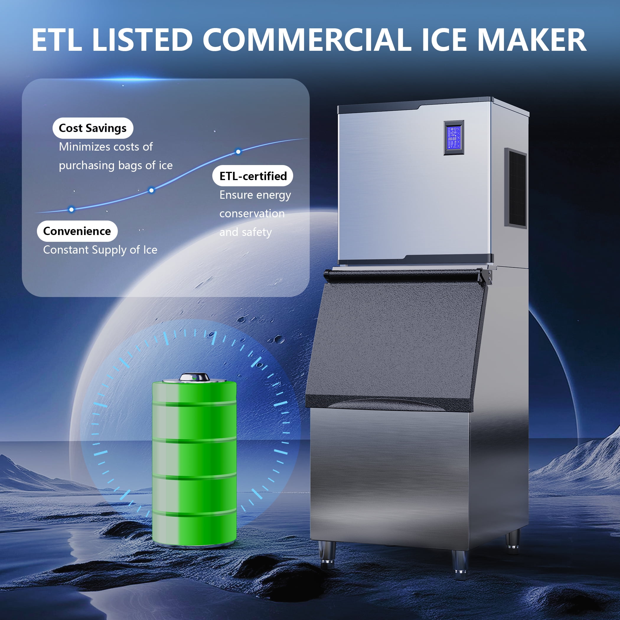Coolake 22" 650 lbs/24h Commercial Ice Maker Machine with 400 lbs Storage, Stainless Steel Freestanding Ice Machine, 115V