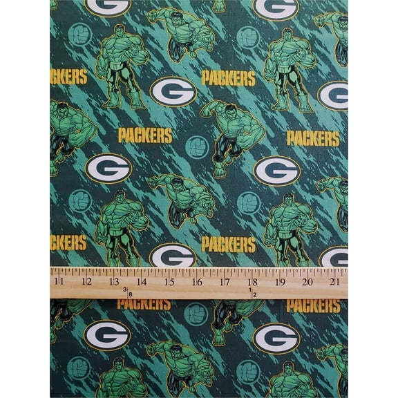 100% Cotton Fabric "NFL Greenbay Packers, FOOTBALL HULK" Print /45"W/ Sold By The Continuous Yard