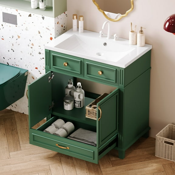 30'' Bathroom Vanity with Resin Sink, Solid Wood Frame Bathroom Storage Cabinet with Soft Closing Doors, Retro Style, Green (Same as SW000118AAF)