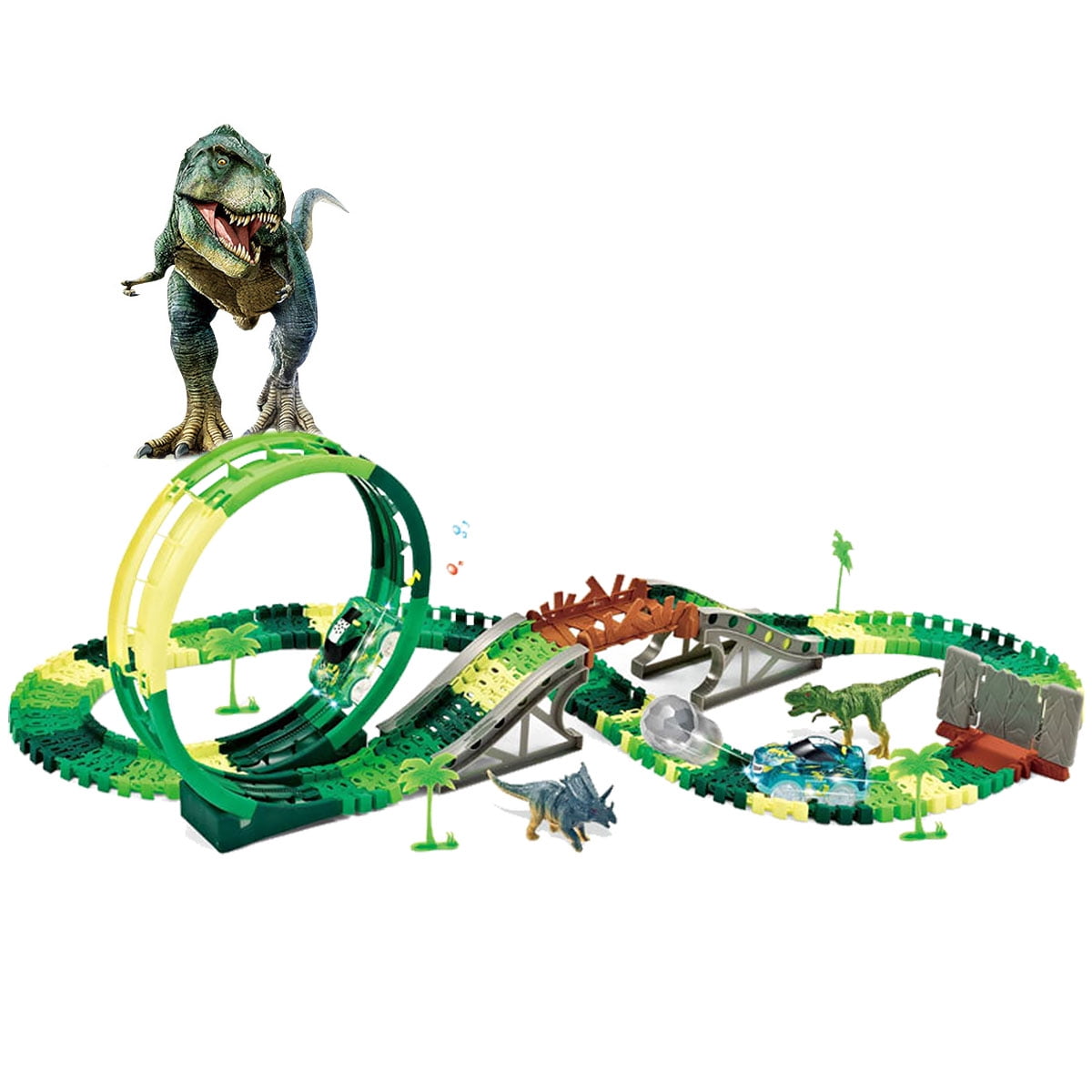  241Pcs Dinosaur Track Toys for 3 4 5 6 7 8 9+ Year Old Boys  Girls, 2 Electric Jeeps & 8 Dino Figures, Upgraded Dinosaur Skull Tunnel  with Smoke, Light and