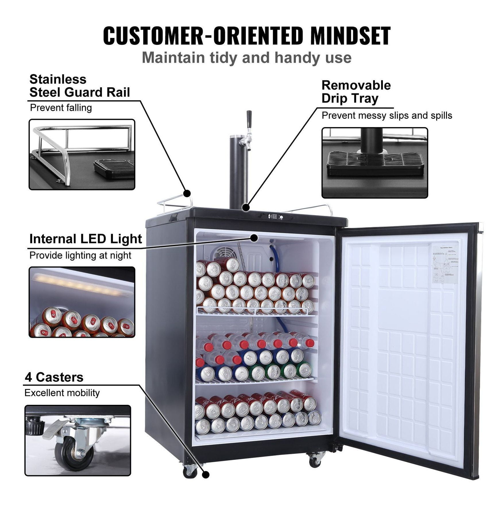 Beer Kegerator Single Tap Draft Beer Dispenser - Full Size Keg Refrigerator with CO2 Cylinder, Drip Tray & Rail - 32°F-75.2°F Temperature Control - Holds 1/6, 1/4, 1/2 Barrels